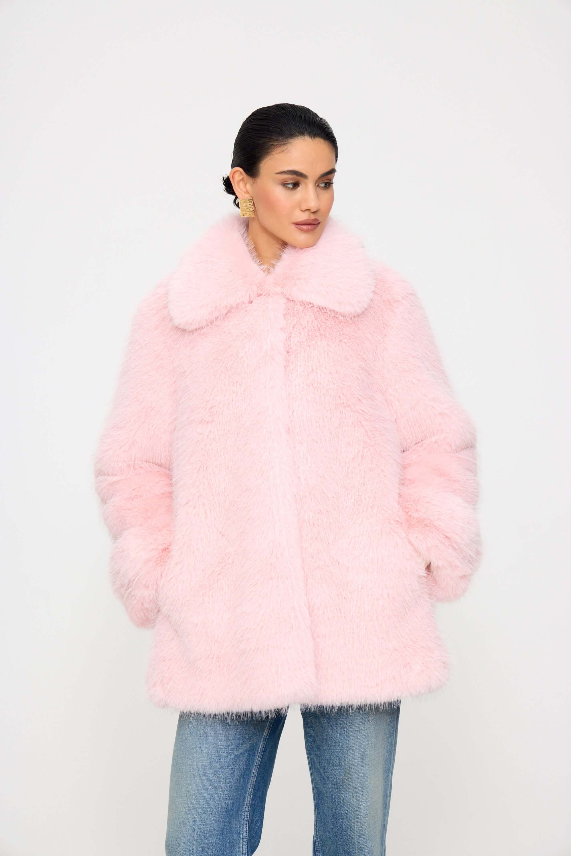 Leonor Snow Hare Faux Fur Coat - Blush Pink Elegance